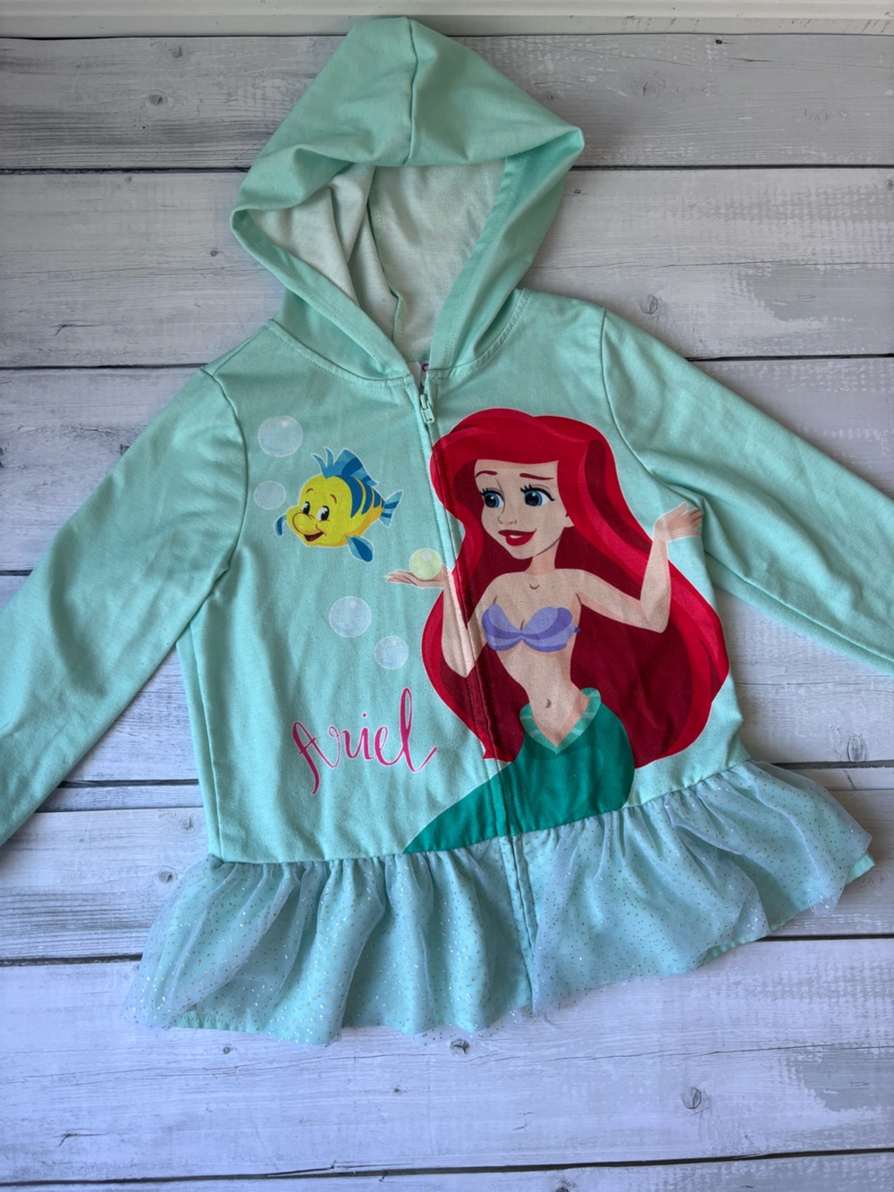 Disney Mint Green Ariel Hooded Zip Up Top with Tulle Ruffle